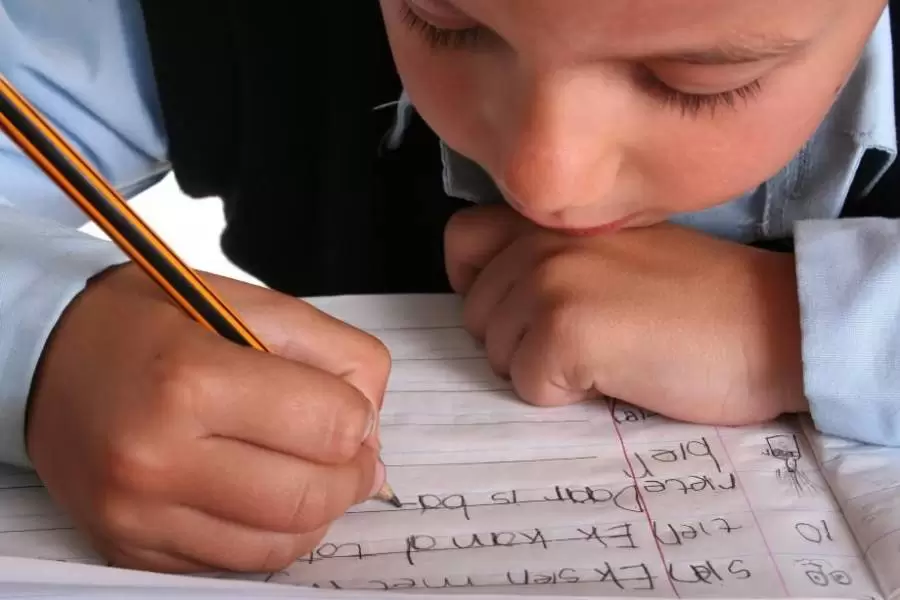 Year 1 boy writing words down in school book.